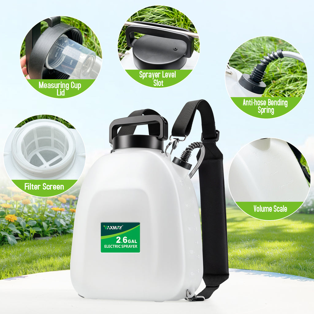 Backpack Sprayer Battery Powered 2.6 Gallon, Electric Garden Sprayer with 3 Adjustable Forces, Battery Indicator, 5 Mist Nozzles, 41" Retractable Wand, Rechargeable Weed Sprayer for Garden Lawn Yard