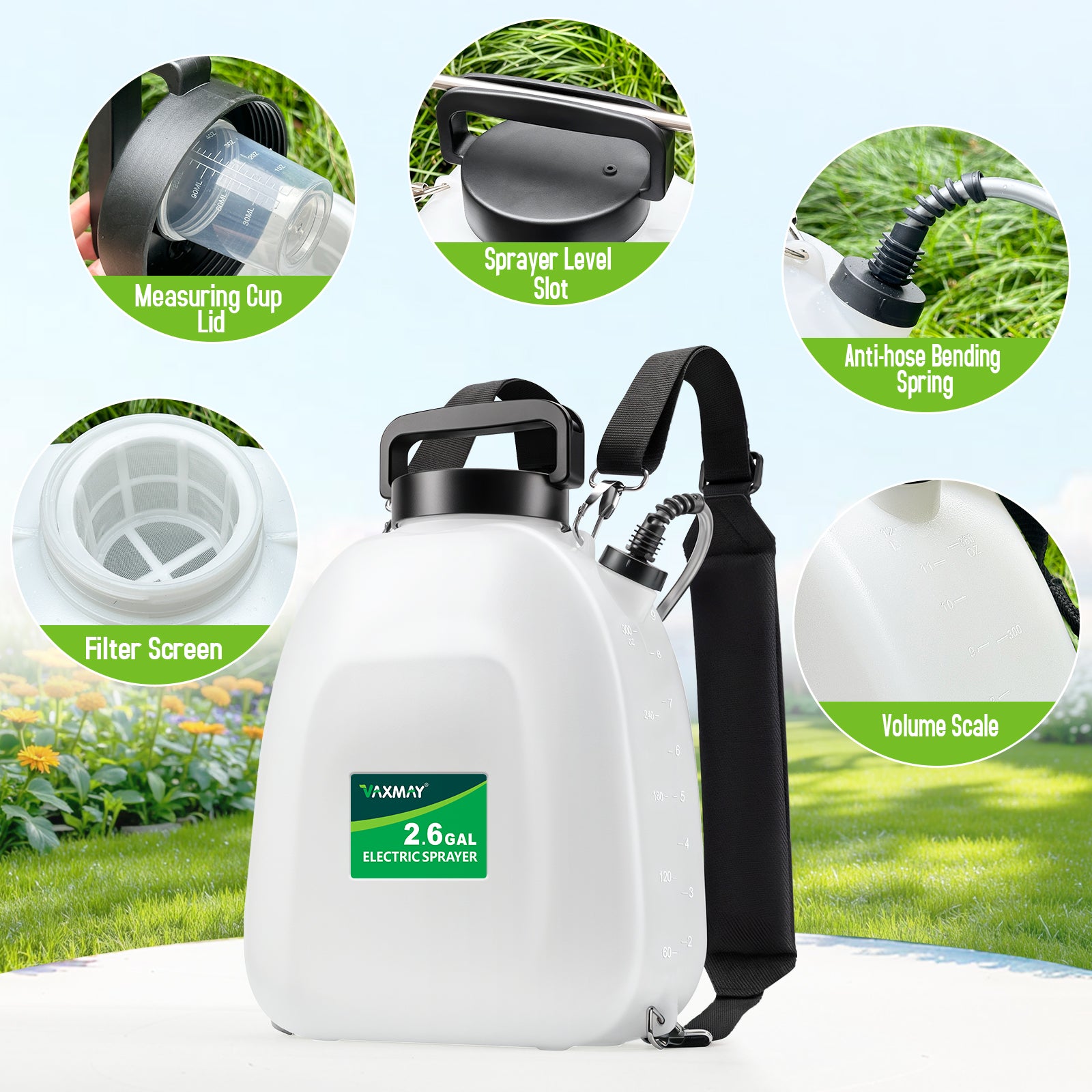 Backpack Sprayer Battery Powered 2.6 Gallon, Electric Garden Sprayer with 3 Adjustable Forces, Battery Indicator, 5 Mist Nozzles, 41" Retractable Wand, Rechargeable Weed Sprayer for Garden Lawn Yard