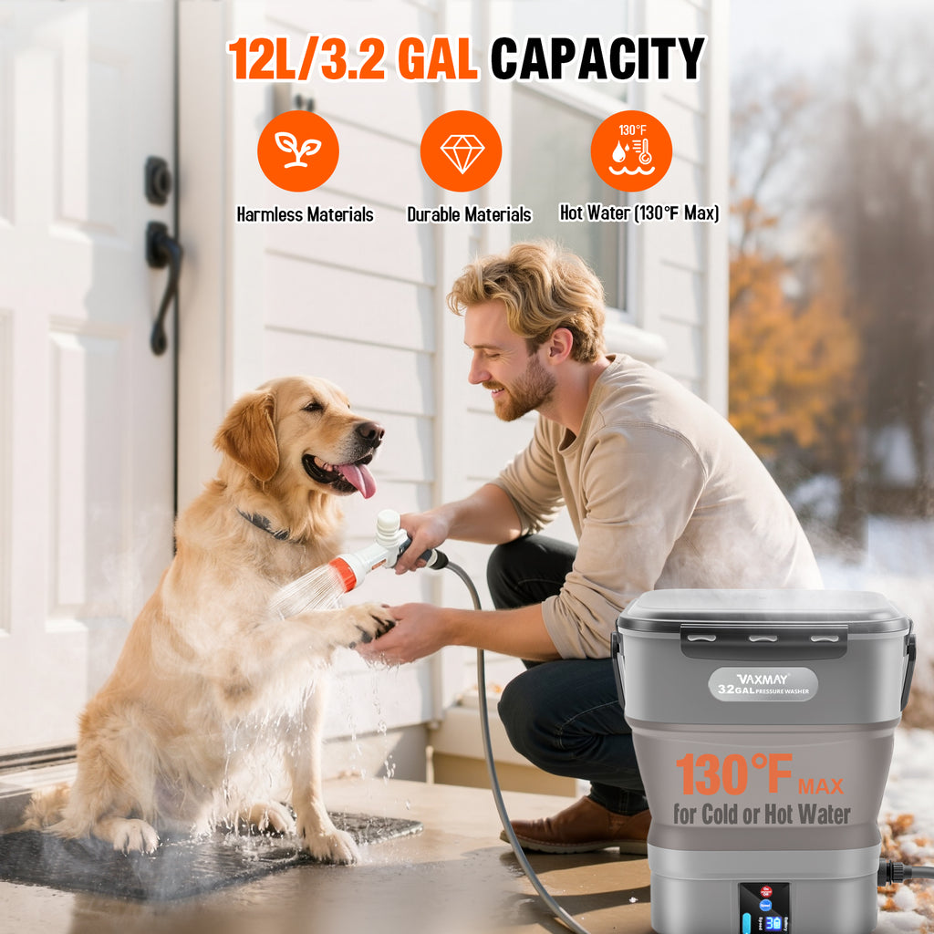 VAXMAY Foldable Electric Pressure Washer with 3.2 Gal Tank, Cordless Power Wsher with Max 250PSI, 1.35GPM, 5 IN 1 Nozzle, 16.4FT Hose, 90Mins Runtime for Car, Bike, Camping Shower, Pet Cleaning,Garden