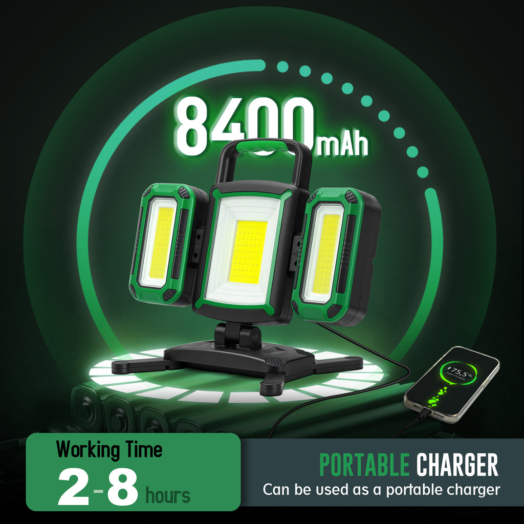 50W 5000LM Rechargeable Work Light, 3-in-1 Magnetic Work Light with Detachable 2 Floodlights, 9 Modes, Foldable&360° Rotatable IP65 Portable LED Worklight with Hooks for Jobsite Garage Car Repairing