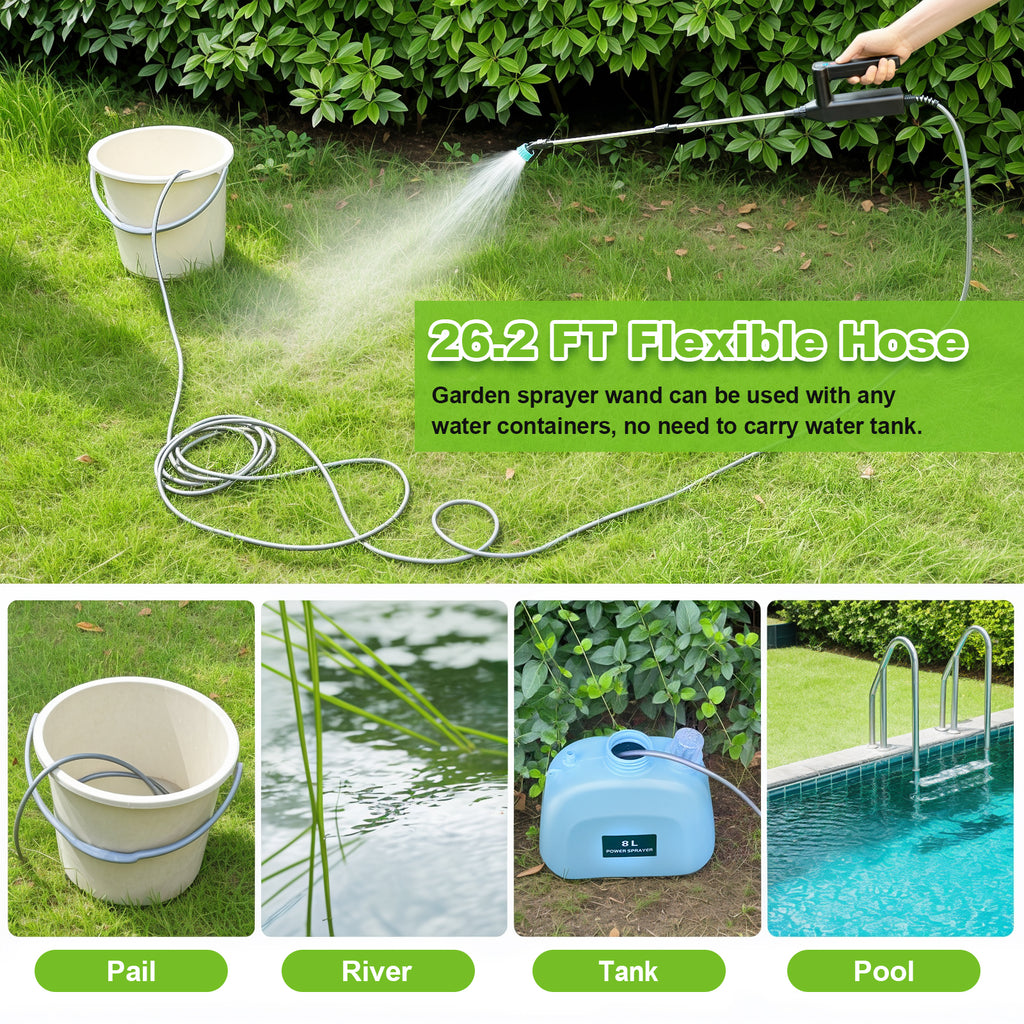 Battery Powered Sprayer Wand, 32 Inch Garden Sprayer Telescopic Wand with 3 Adjustable Speeds, Battery Indicator, 26.2 FT Hose, 7.4V Rechargeable Water Sprayer Wand with 4 Adjustable Nozzles & Filter