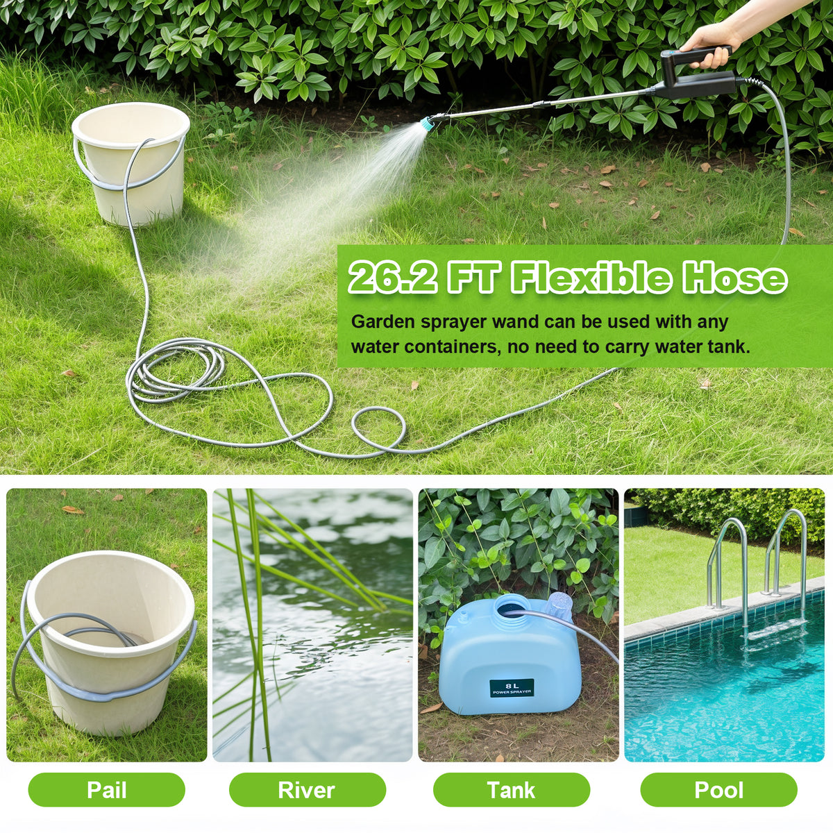 Battery Powered Sprayer Wand, 32 Inch Garden Sprayer Telescopic Wand with 3 Adjustable Speeds, Battery Indicator, 26.2 FT Hose, 7.4V Rechargeable Water Sprayer Wand with 4 Adjustable Nozzles & Filter