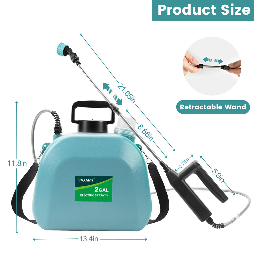 Battery Powered Sprayer 2 Gallon, 2025 Upgrade Electric Sprayer with 3 Adjustable Speed, Battery Indicator, 4 Mist Nozzles, Rechargeable Retractable Wand with Adjustable Shoulder Strap for Lawn Garden