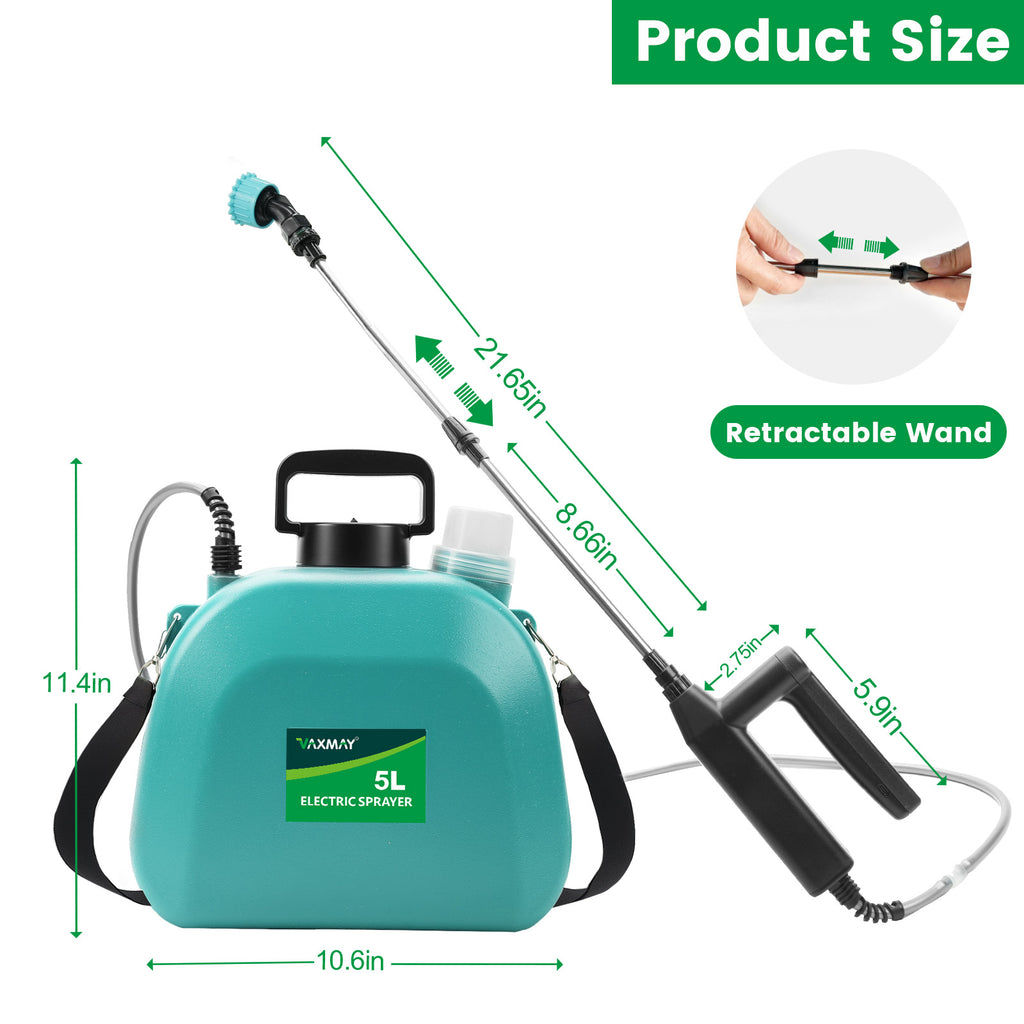 VAXMAY Battery Powered 1.35 Gallon Electric Sprayer, 3 Speeds, 4 Nozzles, Rechargeable, Green, Garden & Lawn
