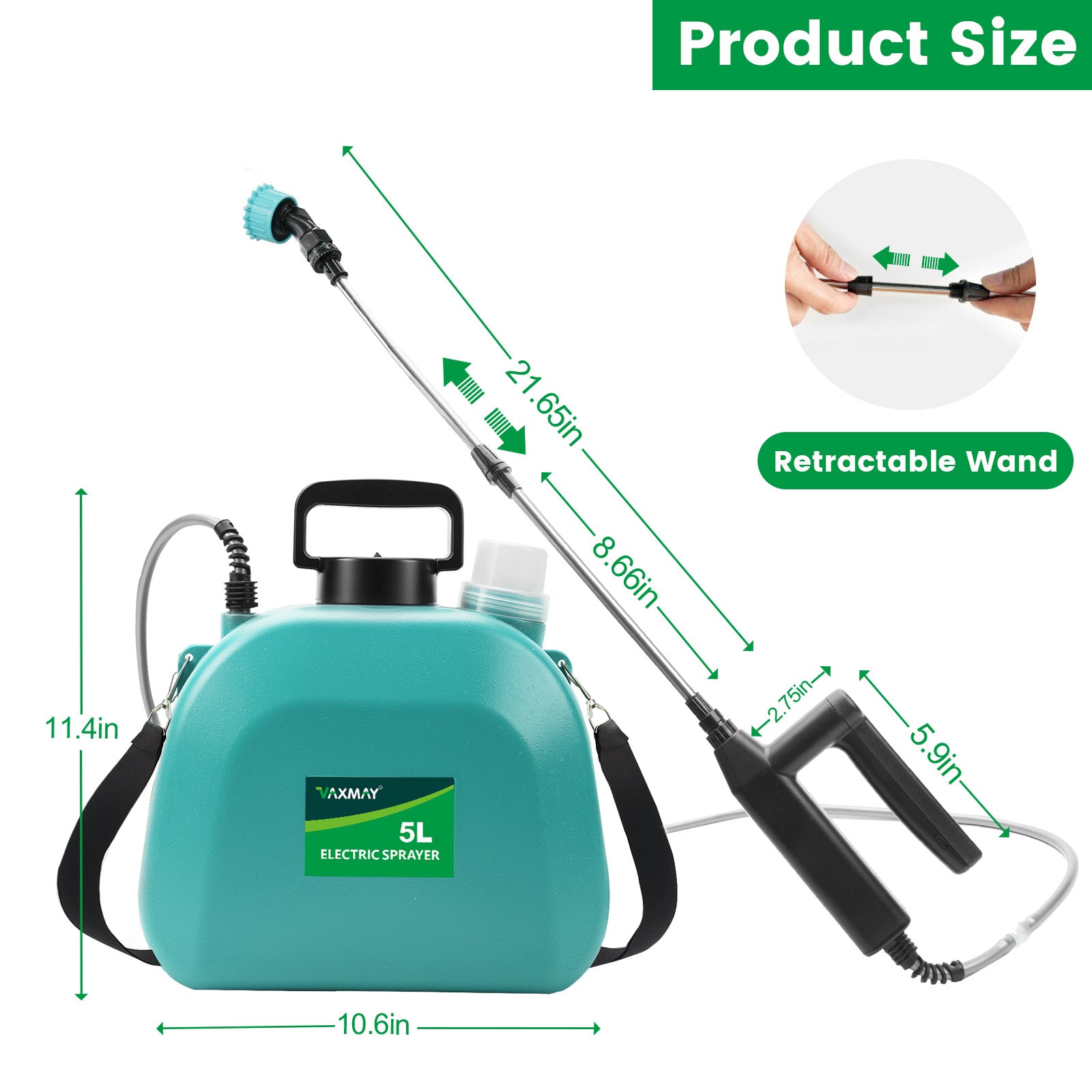 VAXMAY Battery Powered 1.35 Gallon Electric Sprayer, 3 Speeds, 4 Nozzles, Rechargeable, Green, Garden & Lawn