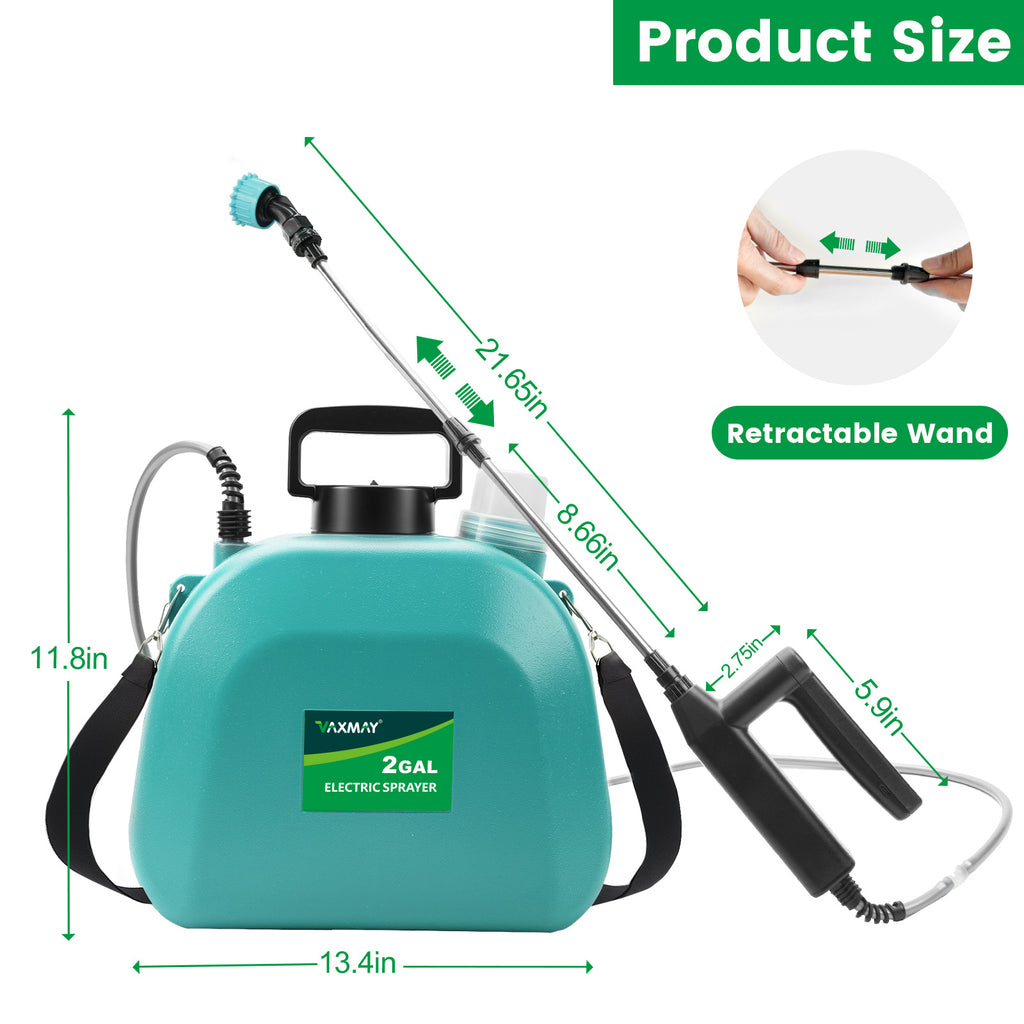 Battery Powered Sprayer 2 Gallon, 2025 Upgrade Electric Sprayer with 3 Adjustable Speed, Battery Indicator, 4 Mist Nozzles, Rechargeable Retractable Wand with Adjustable Shoulder Strap for Lawn Garden
