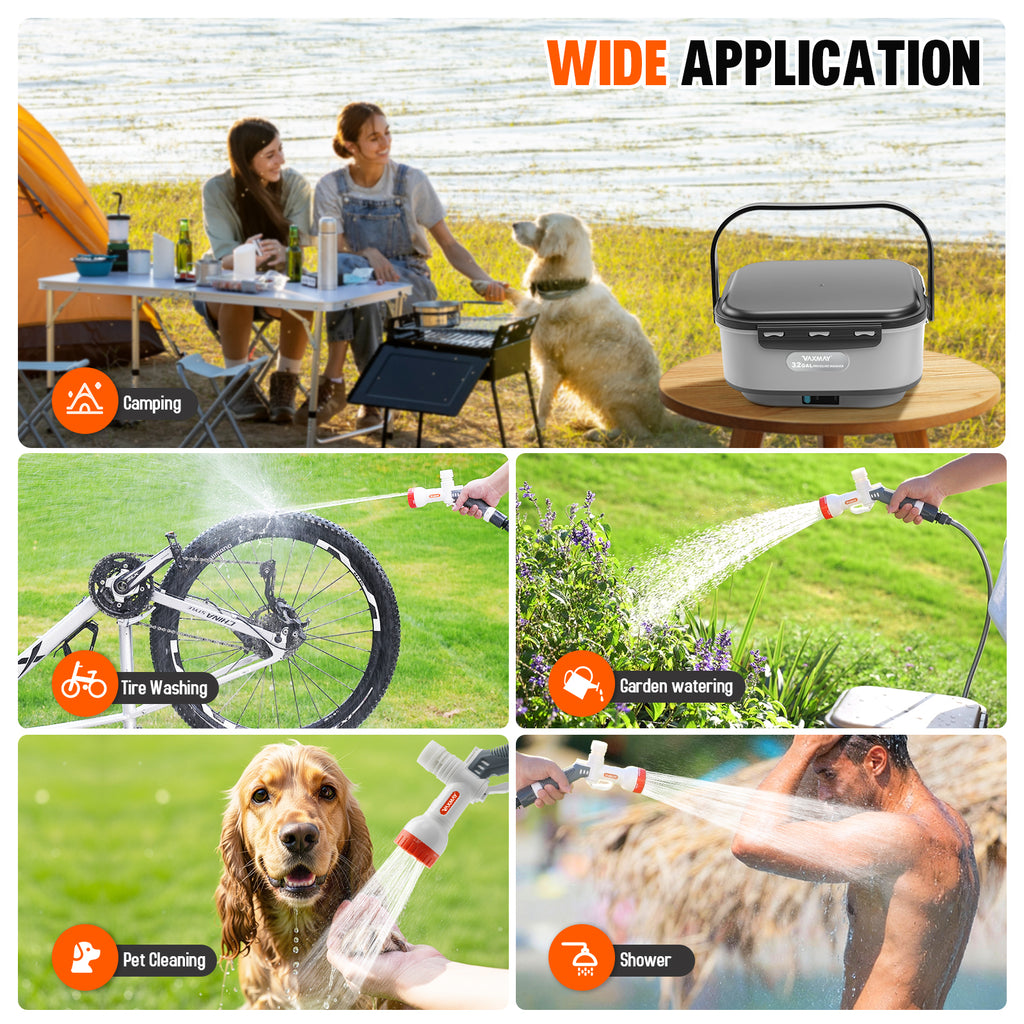 VAXMAY Foldable Electric Pressure Washer with 3.2 Gal Tank, Cordless Power Wsher with Max 250PSI, 1.35GPM, 5 IN 1 Nozzle, 16.4FT Hose, 90Mins Runtime for Car, Bike, Camping Shower, Pet Cleaning,Garden