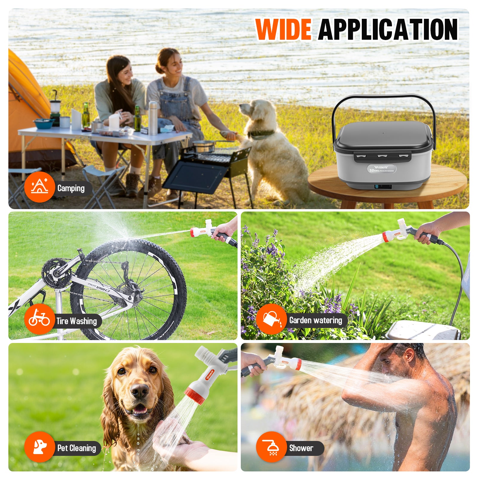 VAXMAY Foldable Electric Pressure Washer with 3.2 Gal Tank, Cordless Power Wsher with Max 250PSI, 1.35GPM, 5 IN 1 Nozzle, 16.4FT Hose, 90Mins Runtime for Car, Bike, Camping Shower, Pet Cleaning,Garden