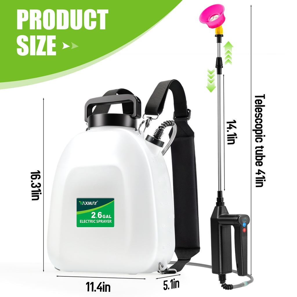 Backpack Sprayer Battery Powered 2.6 Gallon, Electric Garden Sprayer with 3 Adjustable Forces, Battery Indicator, 5 Mist Nozzles, 41" Retractable Wand, Rechargeable Weed Sprayer for Garden Lawn Yard